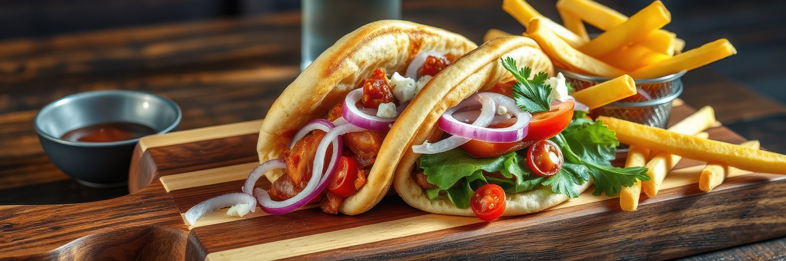 Delicious tacos with fresh ingredients served alongside crispy fries in a cozy restaurant